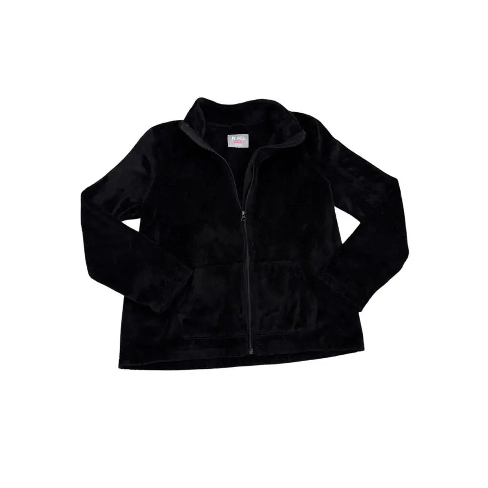 The Children's Place Black Fleece Zip Up Faux Fur Sweatshirt Size Youth 16